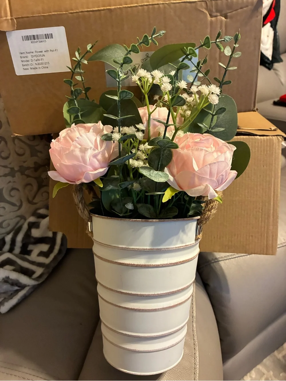 Pink Artificial Floral Arrangement in White Metal Vase